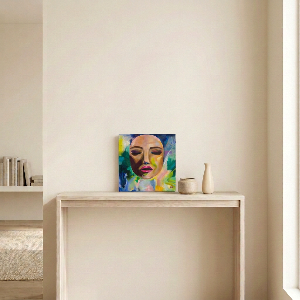 Intergalactic square portrait painting displayed on a pale wood console in a softly lit neutral room.