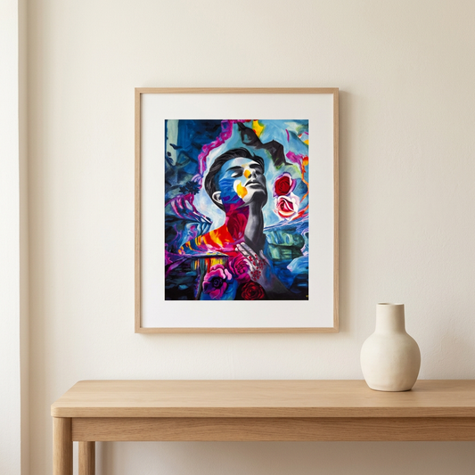Tourmaline Dream Print in a slim oak frame above a light oak console against an ivory wall, showing a colourful portrait with roses.