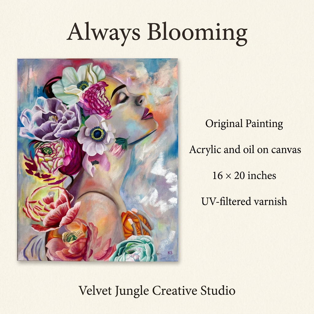 Always Blooming details: original 16 × 20-inch acrylic and oil painting on canvas with UV-filtered varnish.