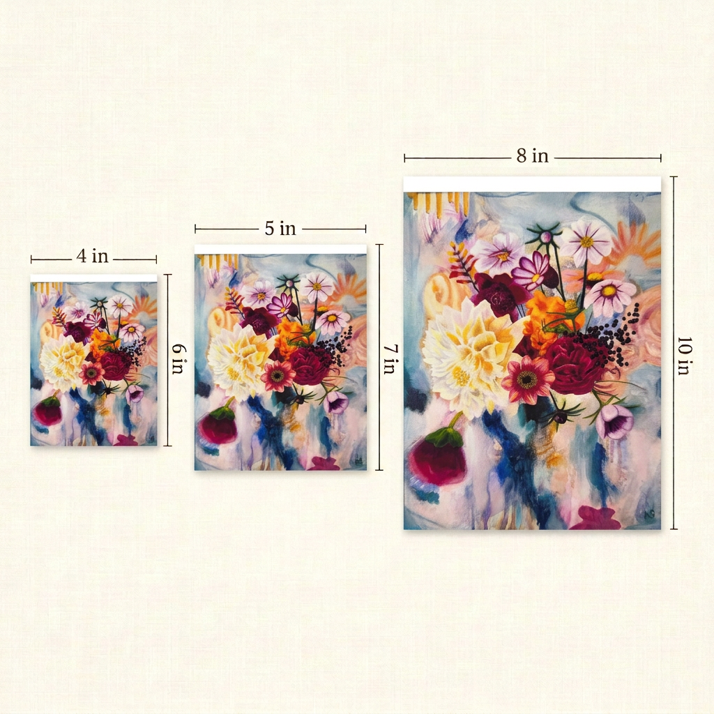 Fragrant Symphony floral print size guide showing three portrait sizes: 4 by 6, 5 by 7 and 8 by 10 inches.
