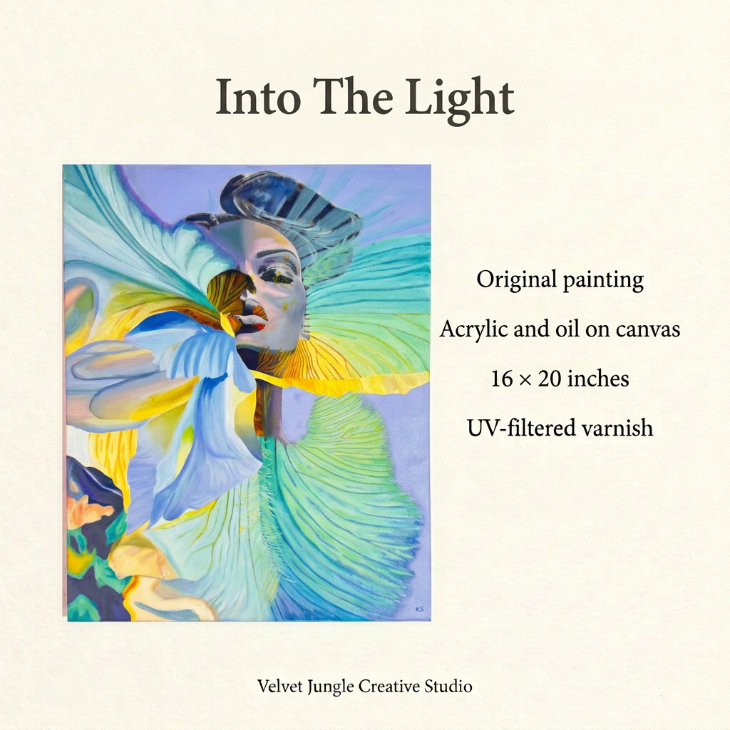 Into The Light details card with the full artwork: original acrylic and oil painting on canvas, 16 by 20 inches, finished with UV-filtered varnish.