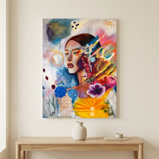 Warriors Symphony portrait painting displayed as an unframed 18 × 24 inch canvas above a light oak console with an ivory vase.