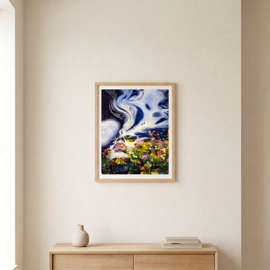 Condensate Print room mockup: the print in a slim light wood frame with a white border above a pale wood console in a warm neutral room.