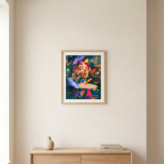 Tranquil Flutter Print showing a woman surrounded by colourful butterflies and lavender feathers, in a light wood frame above a pale wood console in a neutral room.