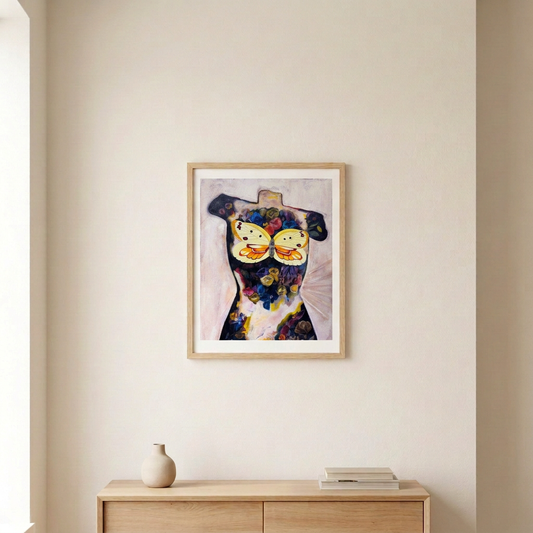 Torso Volume 4 Print, featuring a yellow butterfly and floral torso, in a slim light wood frame above a pale wood console in a neutral room.