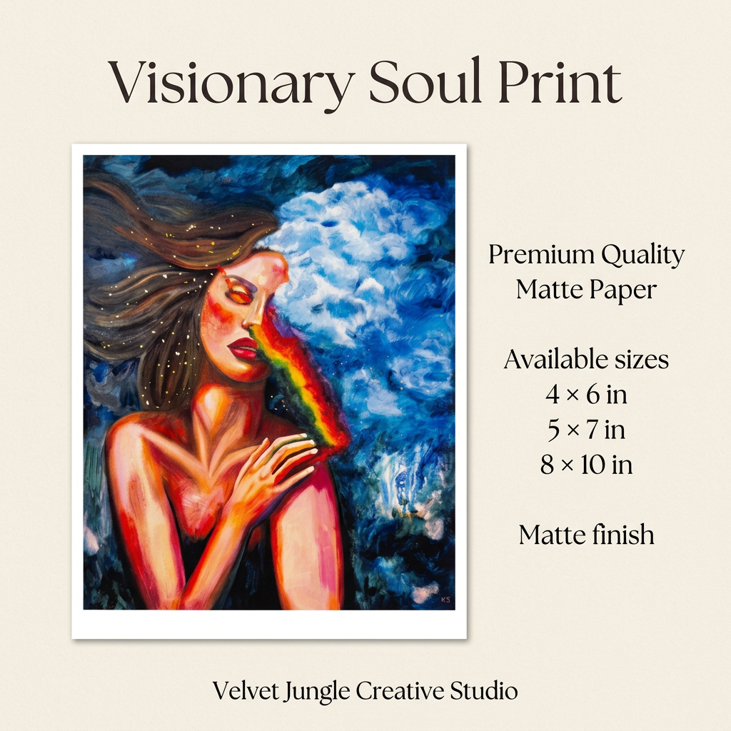 Visionary Soul Print details card with the full artwork on the left and premium matte paper, matte finish and three available print sizes on the right.