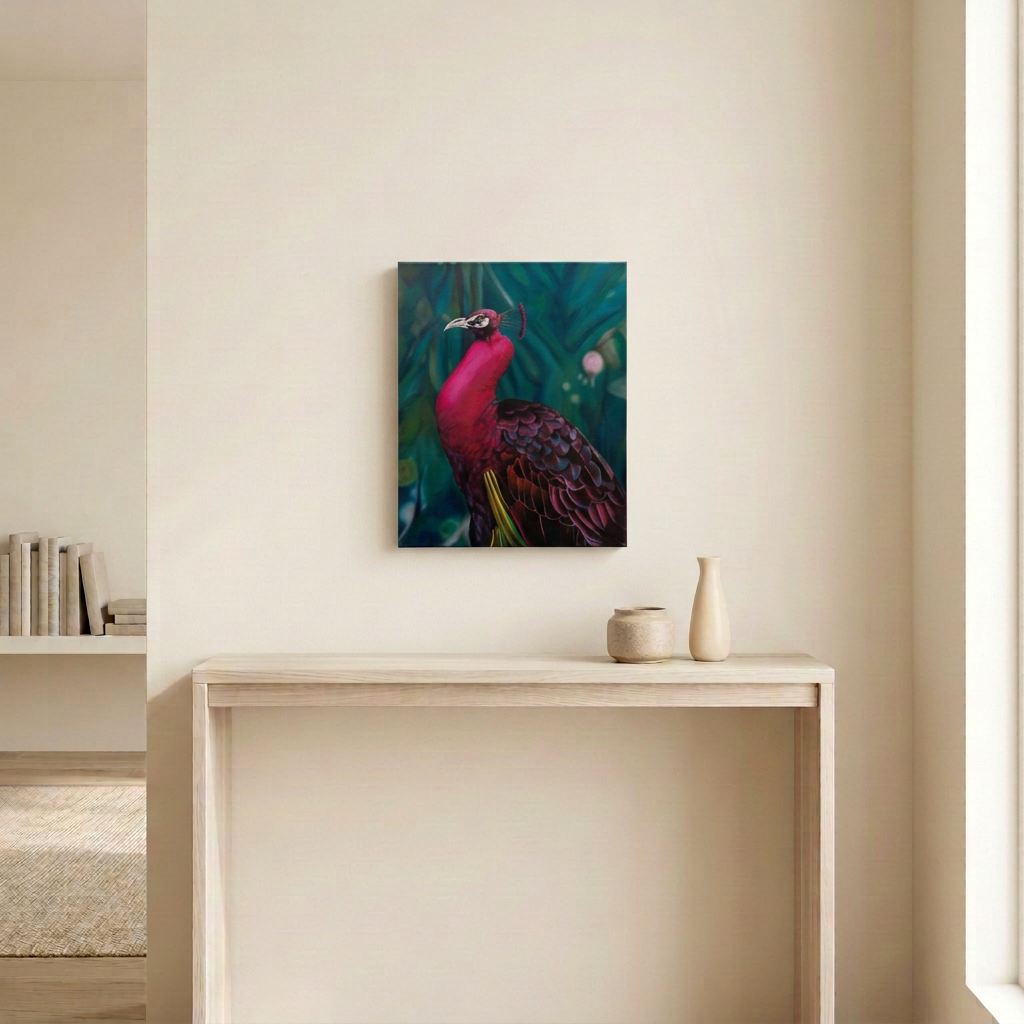 Peacock Study, a magenta peacock painting against a deep teal background, displayed as an unframed canvas above a pale wood console in a neutral room.