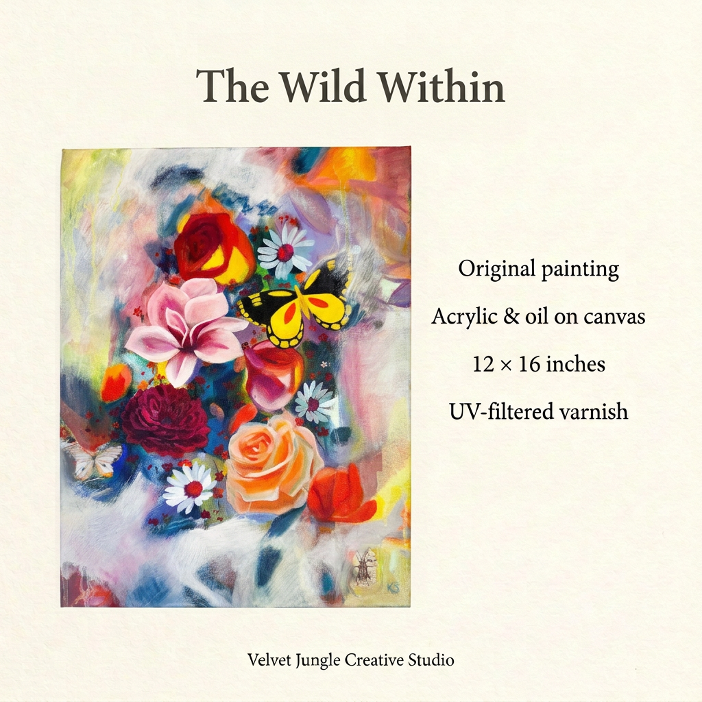 The Wild Within details card with the full painting: original acrylic and oil on canvas, 12 by 16 inches, finished with UV-filtered varnish, by Velvet Jungle Creative Studio.