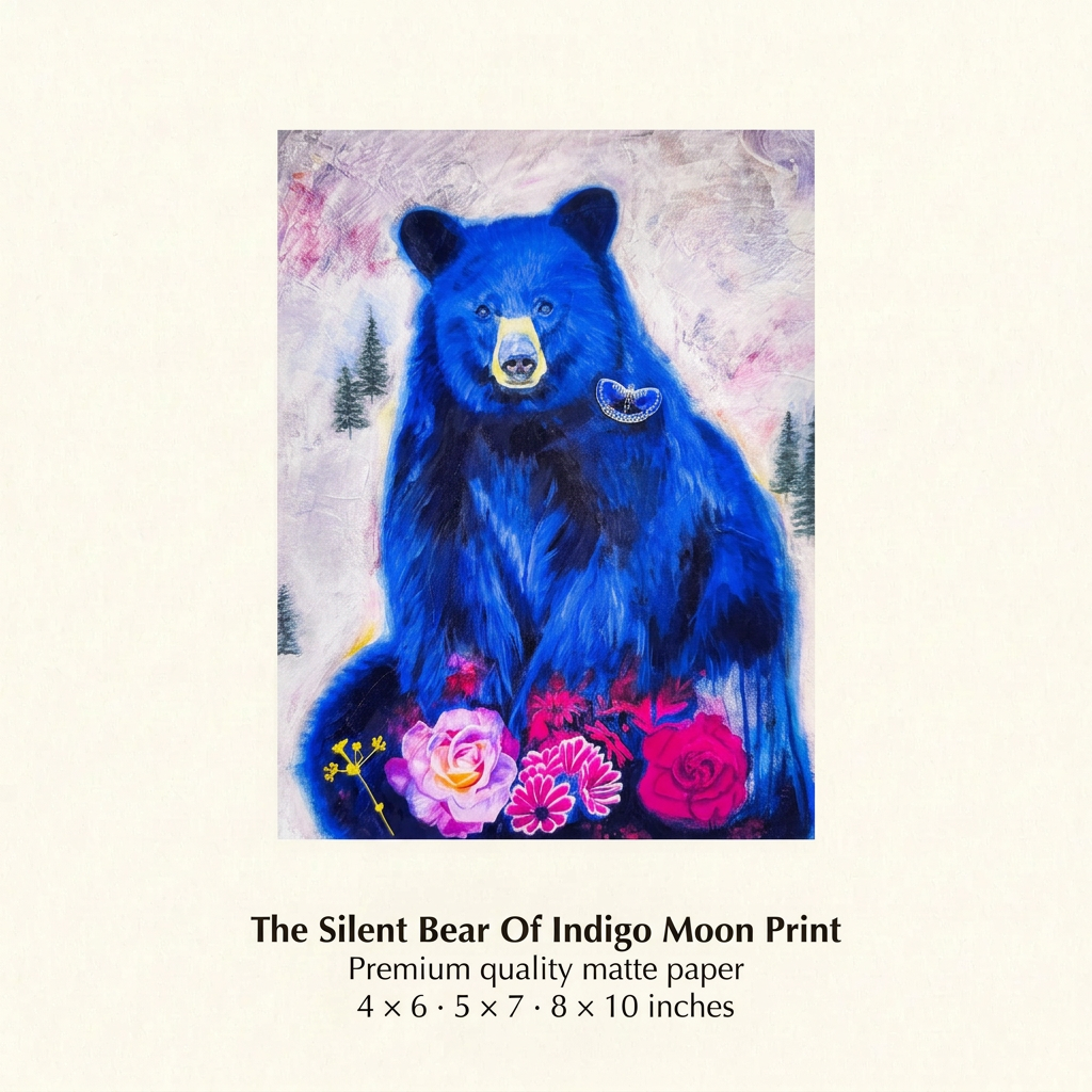 Blue bear artwork with a butterfly and pink flowers, with premium quality matte paper details and 4 × 6, 5 × 7 and 8 × 10 inch sizes.