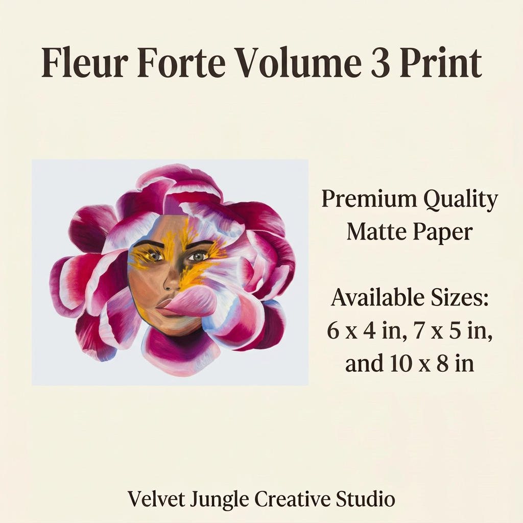 Fleur Forte Volume 3 Print details card with the full landscape floral portrait on muted pale grey-blue, premium matte paper and sizes 6 x 4, 7 x 5 and 10 x 8 inches.