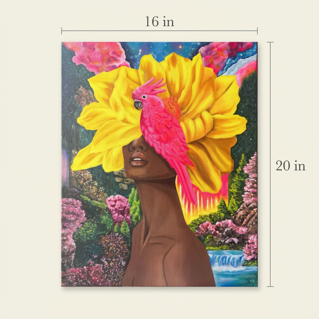 Requiem For A Legend size guide showing the full painting with 16 in width and 20 in height labels