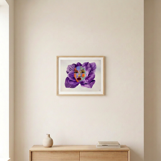 Fleur Forte Volume 4 Print, a colourful woman's face surrounded by purple petals, in a slim light wood frame above a pale wood console.
