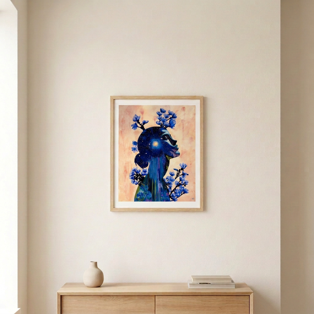 Evening Glisten Print featuring a starry blue female silhouette and blue flowers, displayed with a white border in a slim light wood frame above a pale oak console in a neutral room.