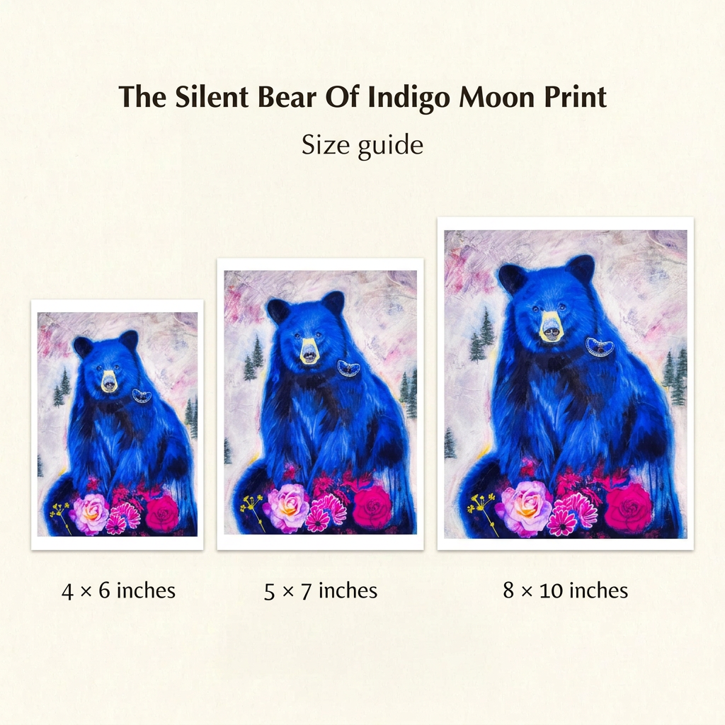 The Silent Bear Of Indigo Moon Print size guide comparing 4 × 6, 5 × 7 and 8 × 10 inch prints on warm ivory.