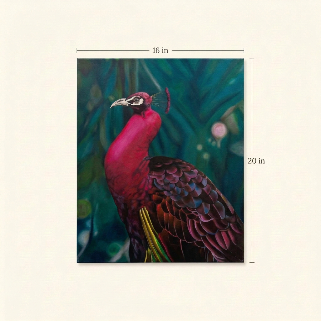 Peacock Study size guide showing the complete magenta peacock painting with dimensions of 16 inches wide by 20 inches high.