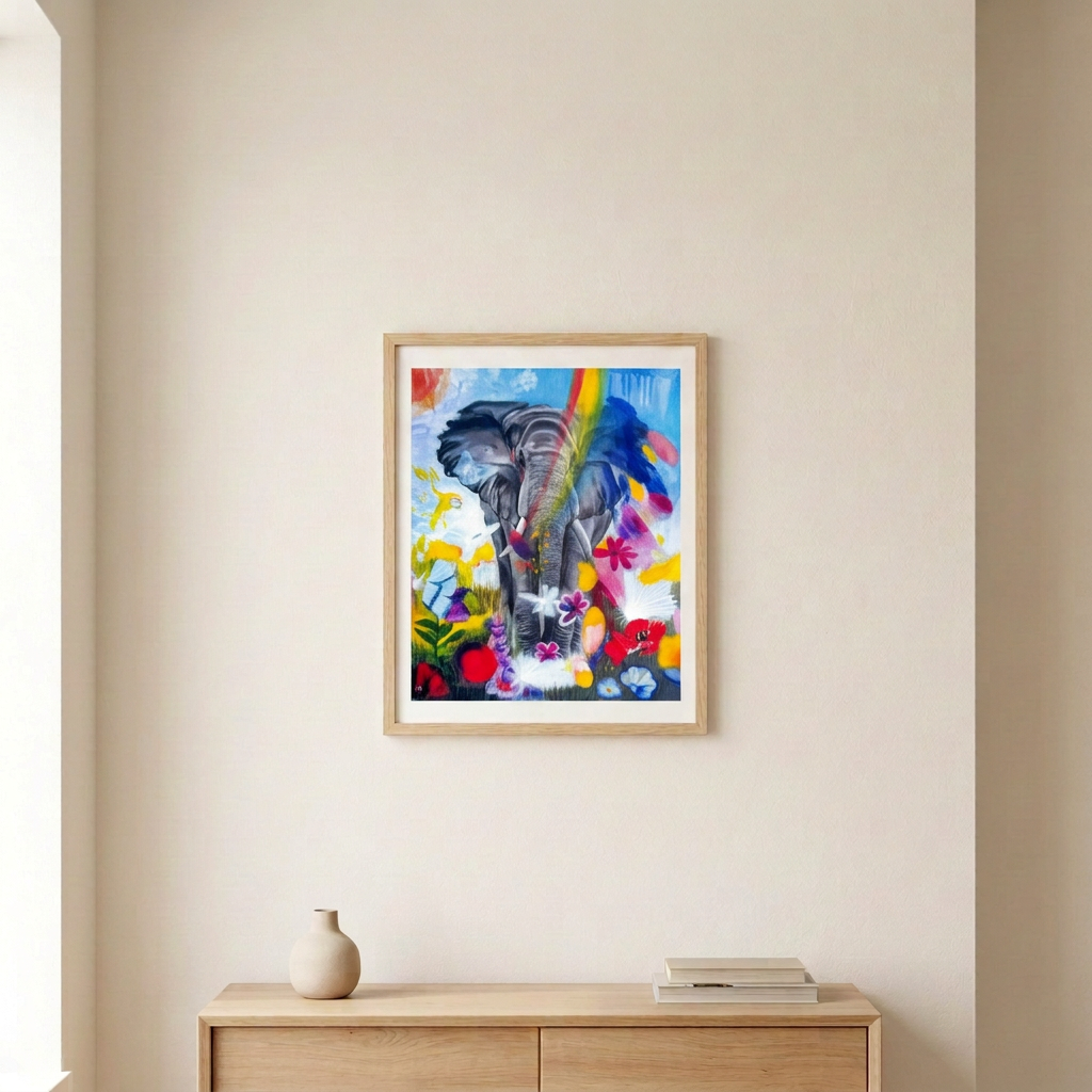 Elephant Rave Print in a light wood frame with a white border above a pale wood console in a warm neutral room.