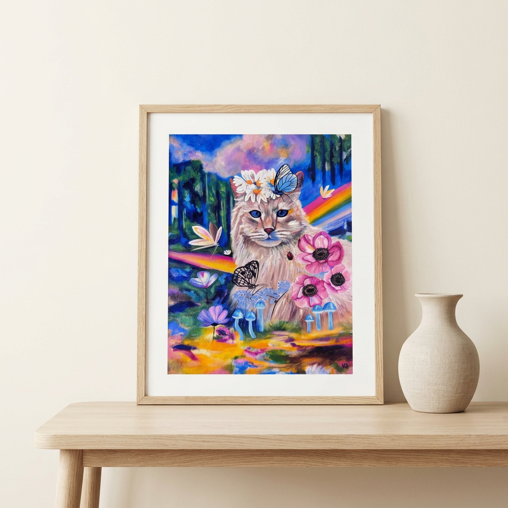 Woodland Fairy cat art print styled in an oak frame on a console against an ivory wall.