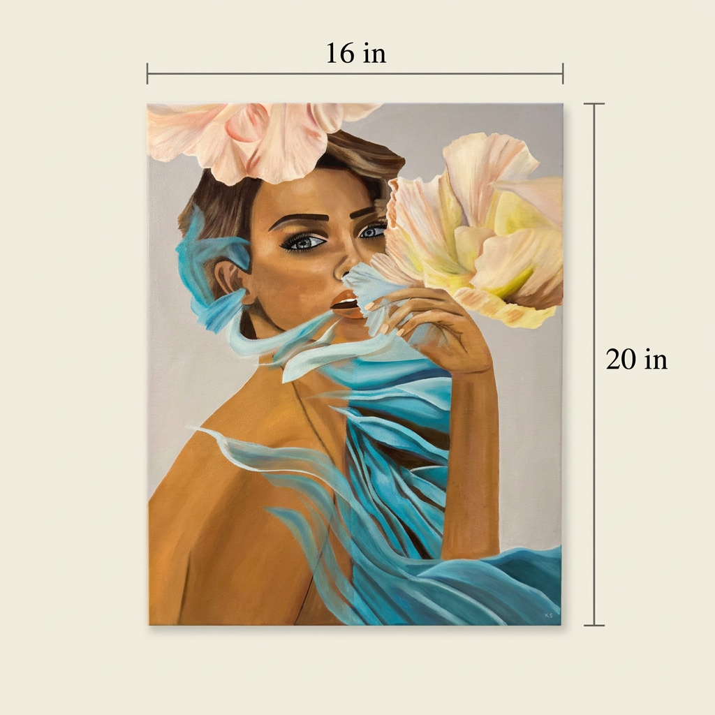 Reverie size guide showing the full portrait painting with dimensions of 16 inches wide by 20 inches high on an ivory background.