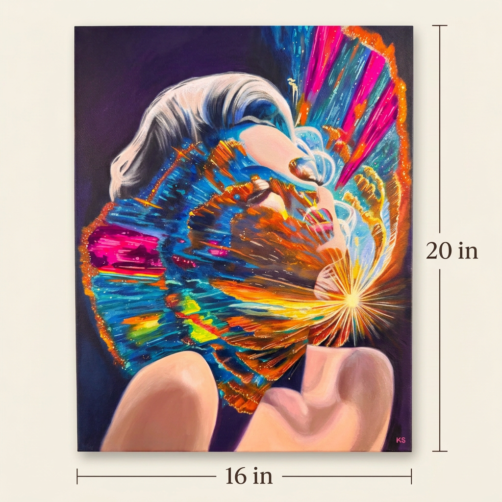 Full In Her Realm painting with dimension lines showing 16 inches wide and 20 inches high on an ivory background.