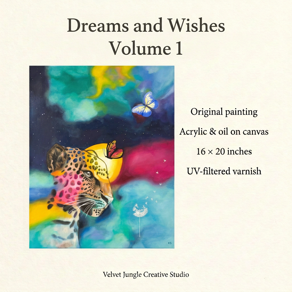 Dreams and Wishes Volume 1 details card with the full cheetah painting and specifications: original acrylic and oil on canvas, 16 × 20 inches, with UV-filtered varnish.