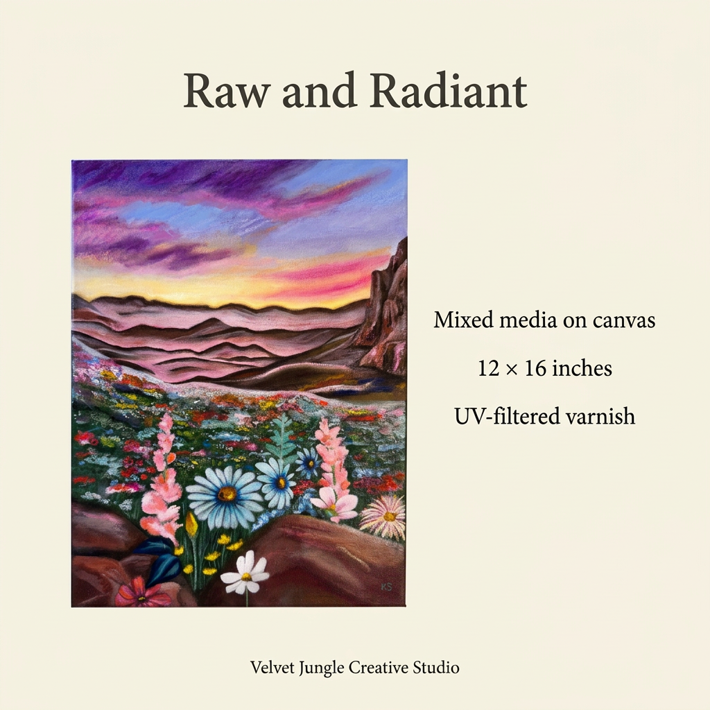 Raw and Radiant details card: full artwork, mixed media on canvas, 12 × 16 inches, with UV-filtered varnish.