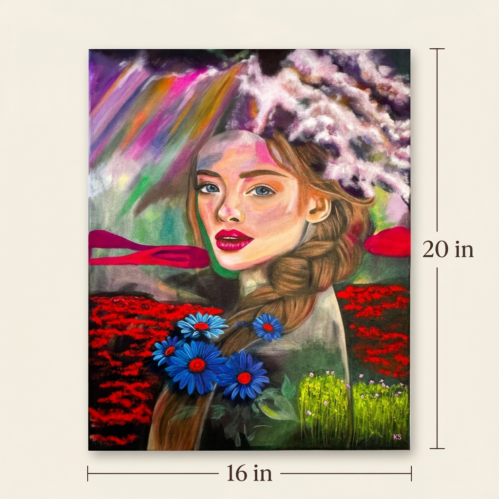 Full Morning Muse painting with dimension lines showing 16 inches wide and 20 inches high on an ivory background.