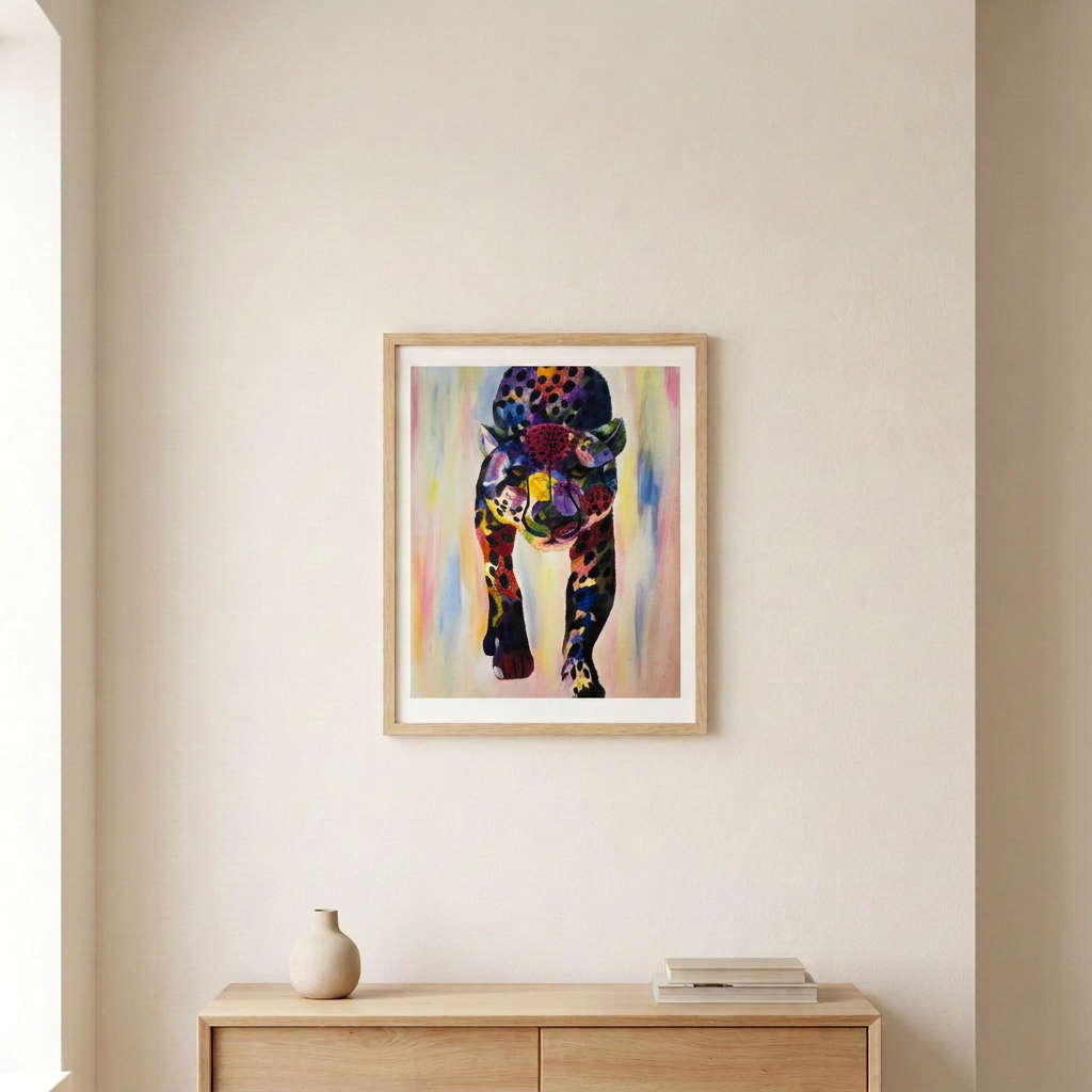 Floral Cheetah Print in a slim light wood frame with a white border above a pale wood console in a warm neutral room.
