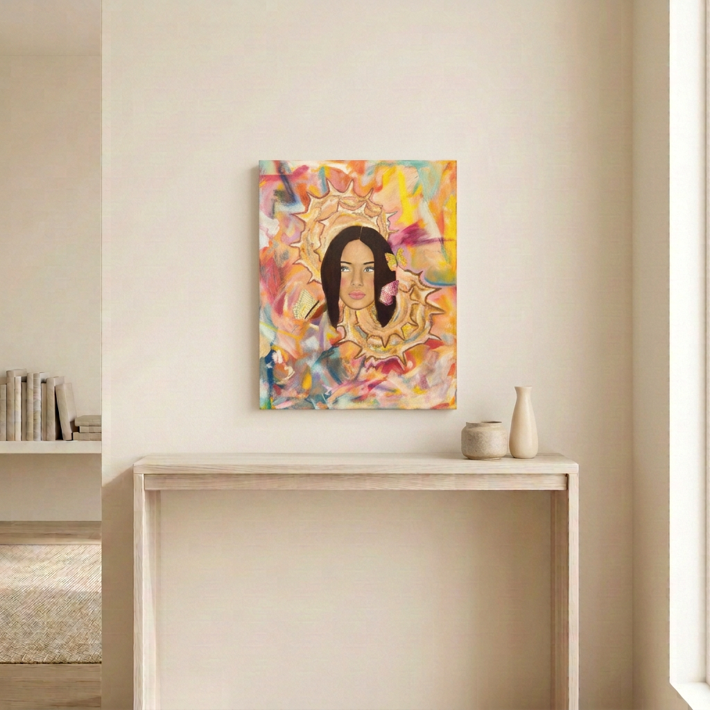Sunny Seychelles portrait painting with seashells and butterflies displayed unframed above a pale wood console in a neutral room.