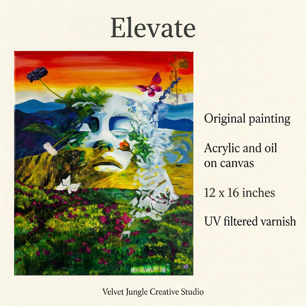 Elevate details card: original painting, acrylic and oil on canvas, 12 x 16 inches, UV filtered varnish, by Velvet Jungle Creative Studio