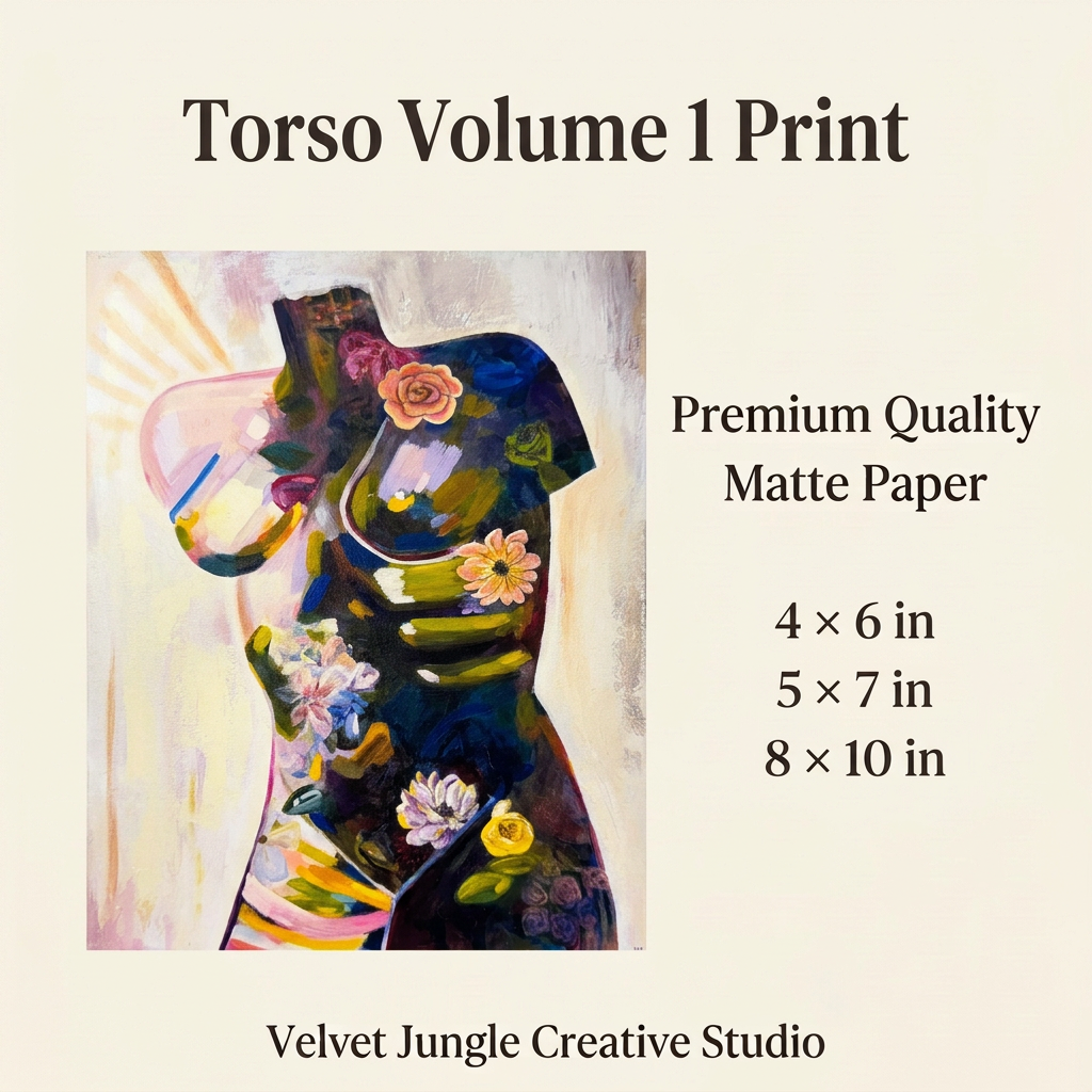 Torso Volume 1 Print details card showing the complete floral torso artwork, premium quality matte paper and sizes 4 × 6, 5 × 7 and 8 × 10 inches.