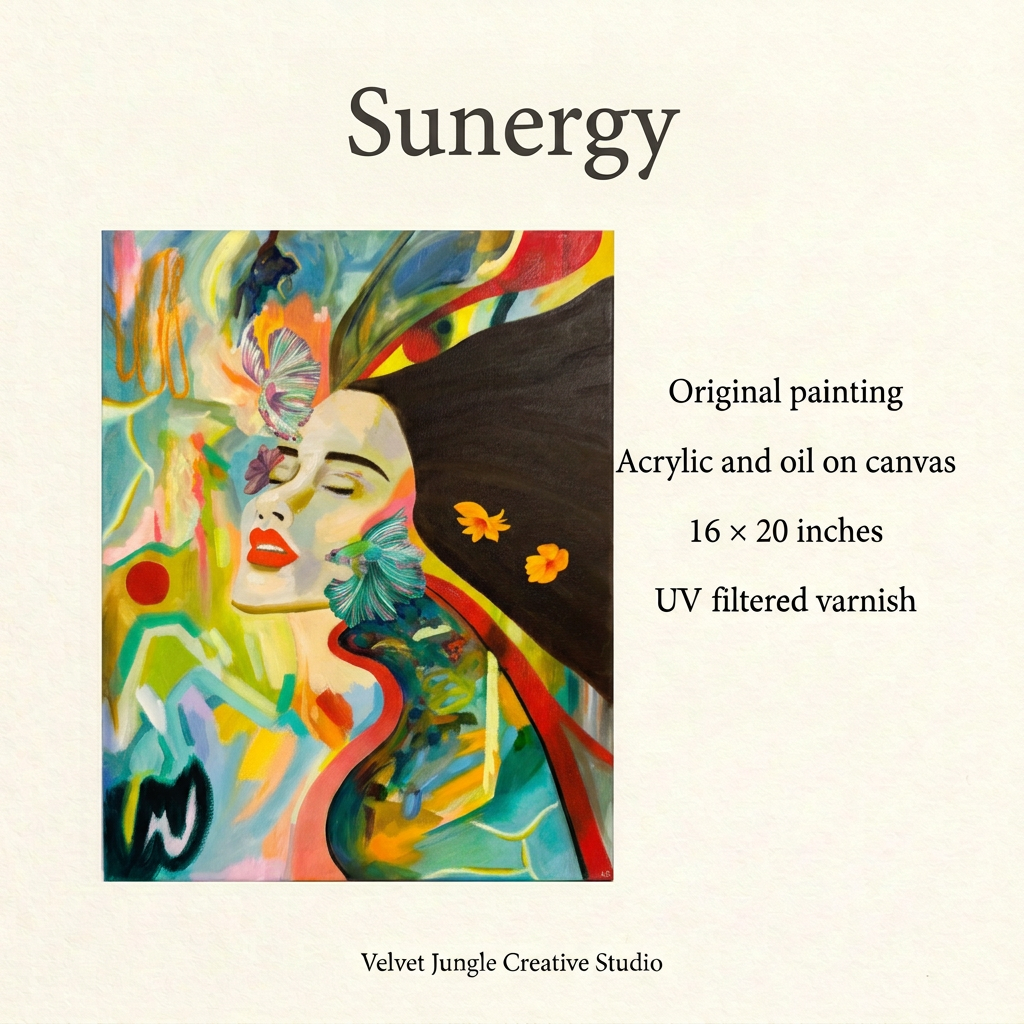 Sunergy details card with the full painting: original acrylic and oil on canvas, 16 × 20 inches, finished with UV filtered varnish, by Velvet Jungle Creative Studio.