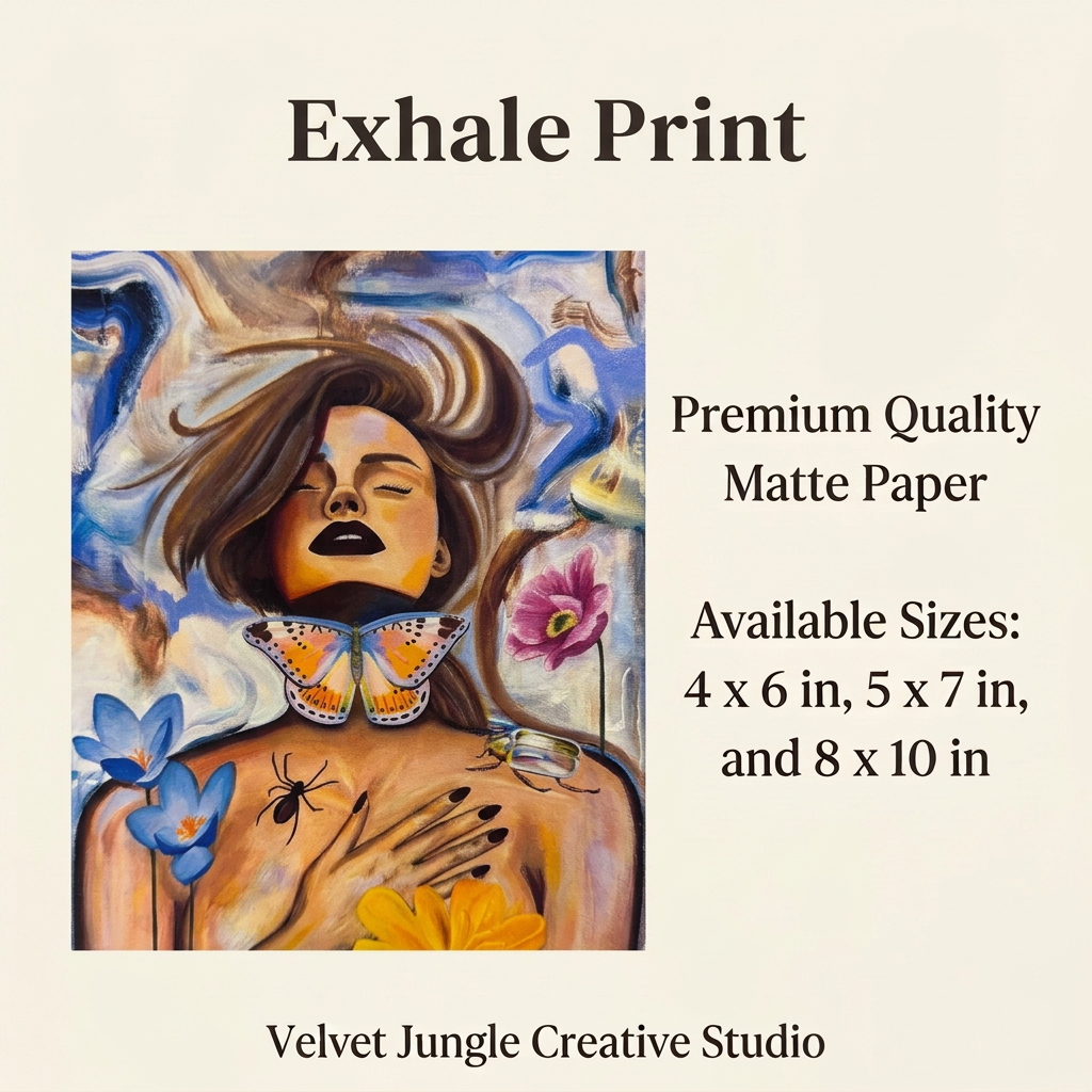 Exhale Print details card with full artwork, premium quality matte paper and sizes 4 × 6, 5 × 7 and 8 × 10 inches.