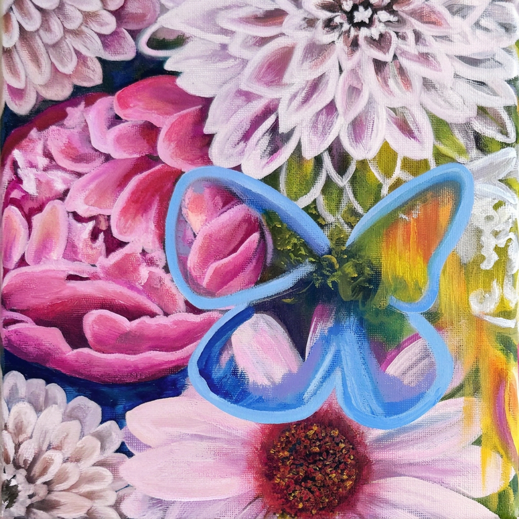 Lucent Gardens detail showing a blue butterfly outline, pink petals, brushwork and canvas weave.