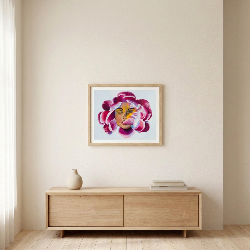 Fleur Forte Volume 3 Print, a woman's face surrounded by magenta and white petals on pale grey-blue, in a landscape wood frame above an oak console.