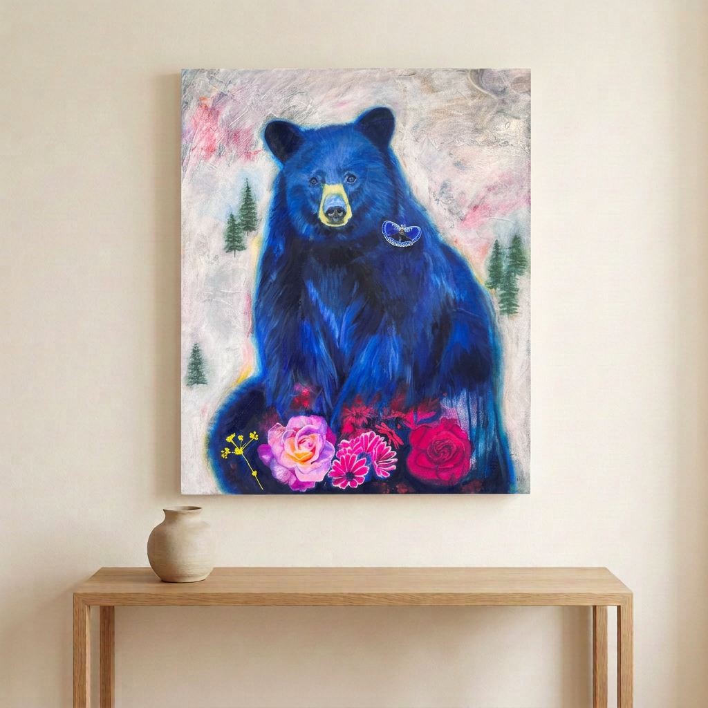 The Silent Bear Of Indigo Bloom blue bear canvas above a light oak console in a warm ivory room.