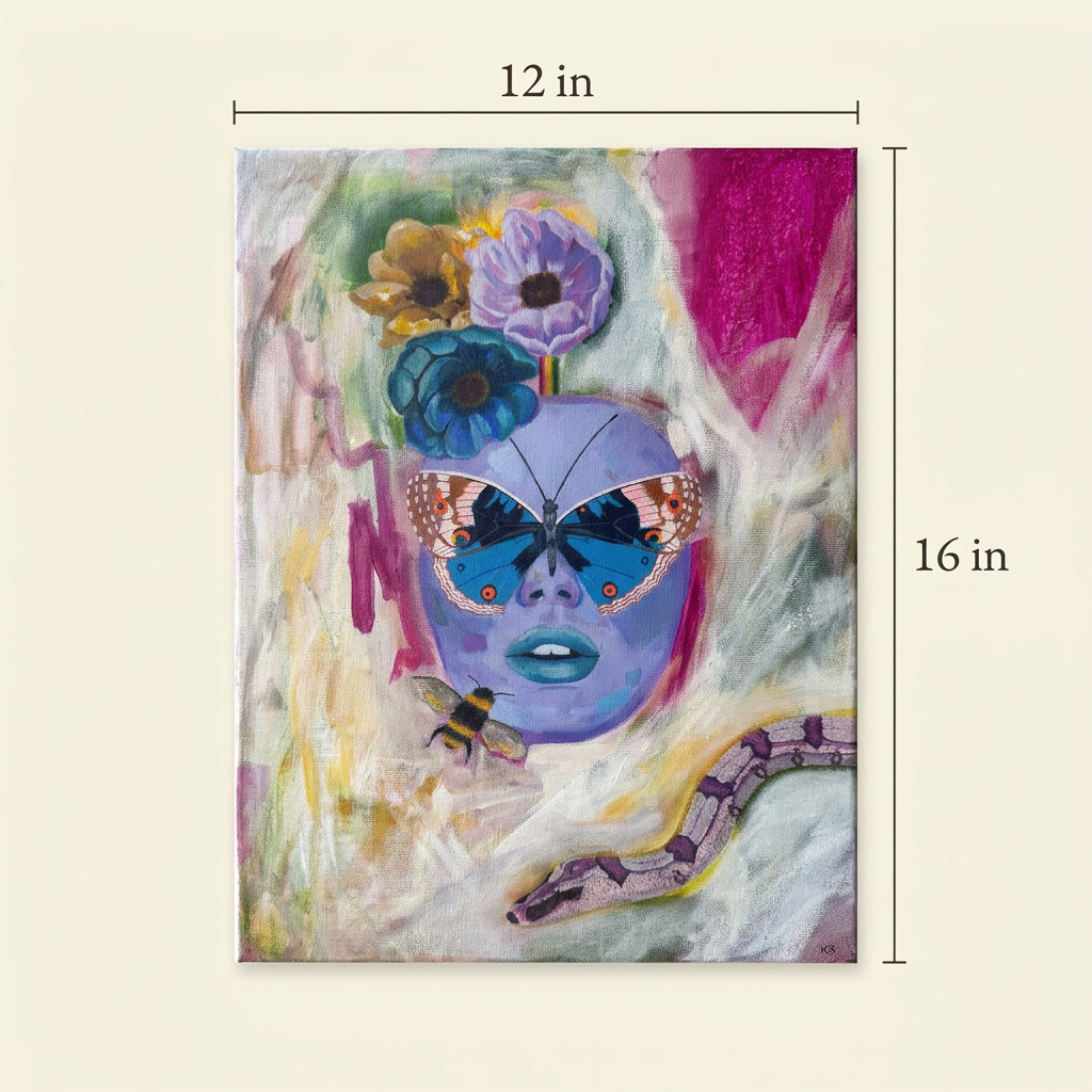 Size guide showing the complete Ethereal Creature painting with dimensions of 12 inches wide by 16 inches high on an ivory background.