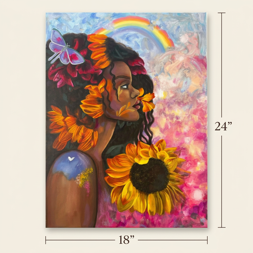 Sweet Sky size guide showing the complete artwork with thin dimension rules marking 18 inches wide by 24 inches high