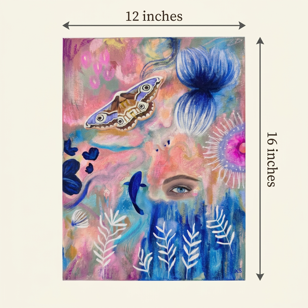 Indigo Reverie original canvas size guide showing 12 inches wide by 16 inches high on an ivory background.