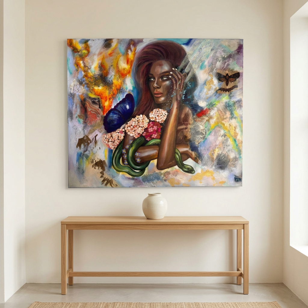 Moondust room mockup with the full painting on a warm ivory wall