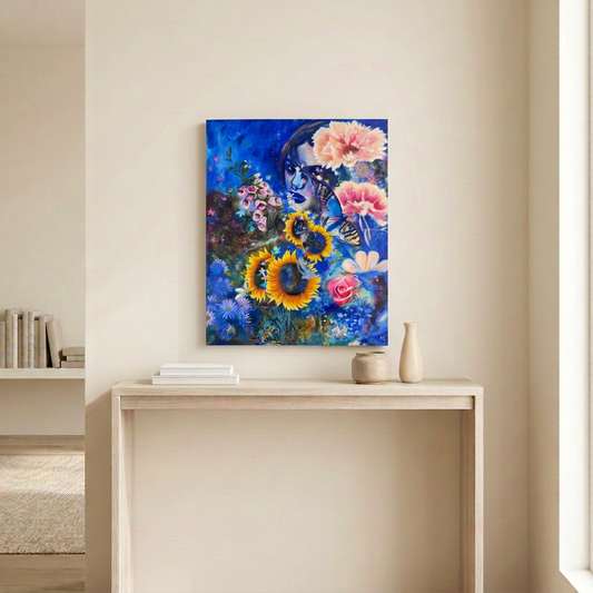 Neutral room mockup for “midnight garden party” painting