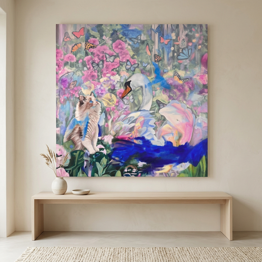 room mock-up for the art of loving differently. Colourful painting of a cat and swan in a beige room