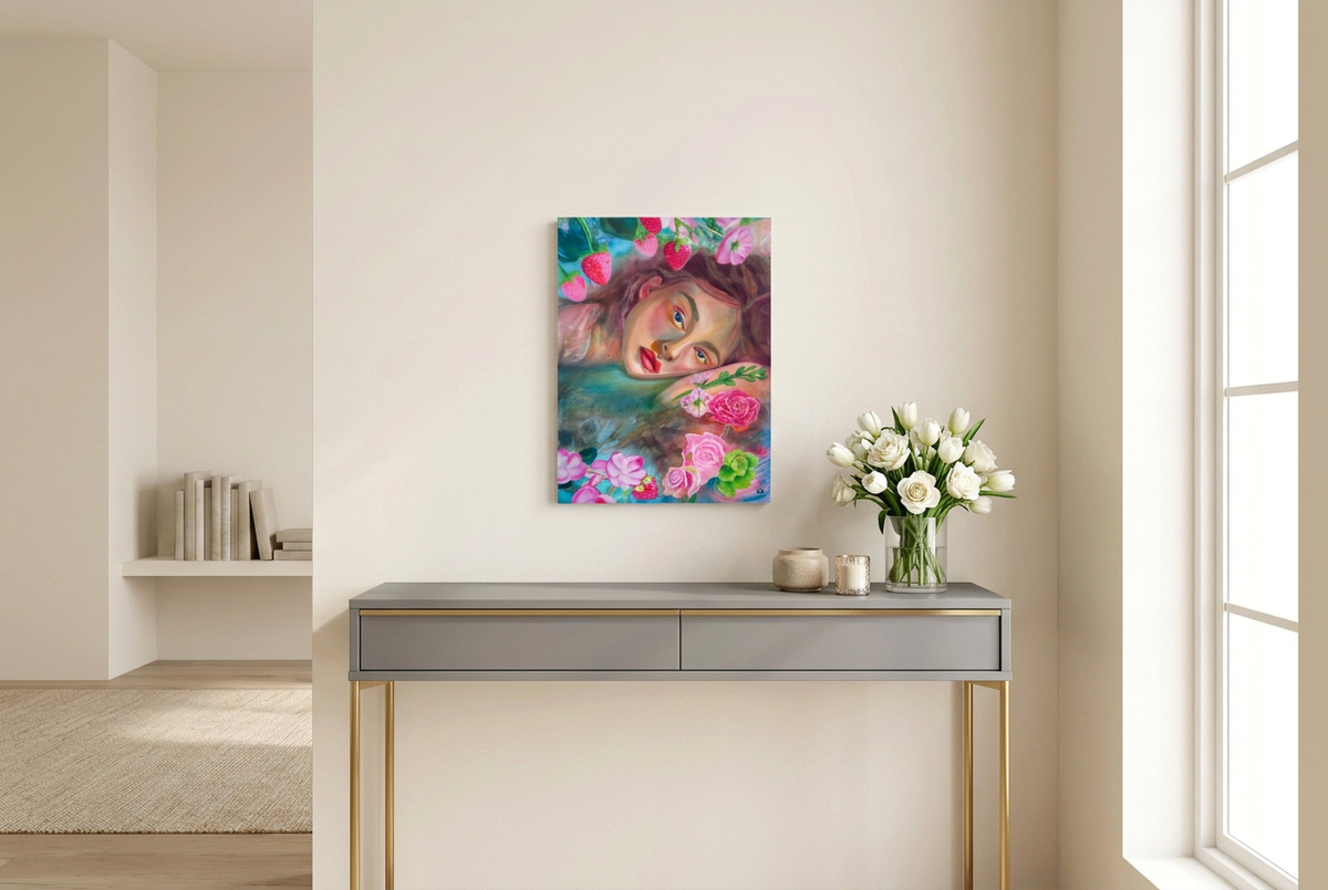 Rosewater Maiden above a gray and gold console styled with white flowers