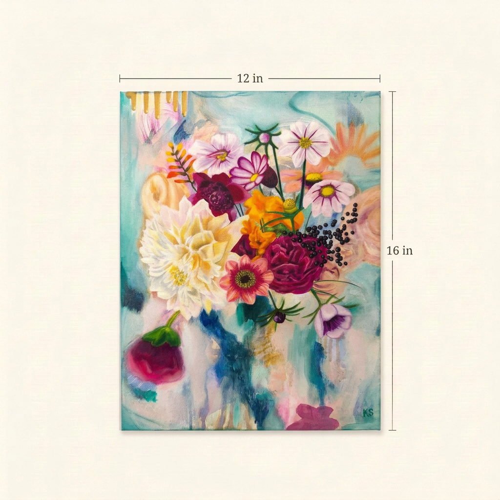 Size guide showing the complete Fragrant Symphony floral painting with dimensions of 12 inches wide by 16 inches tall.