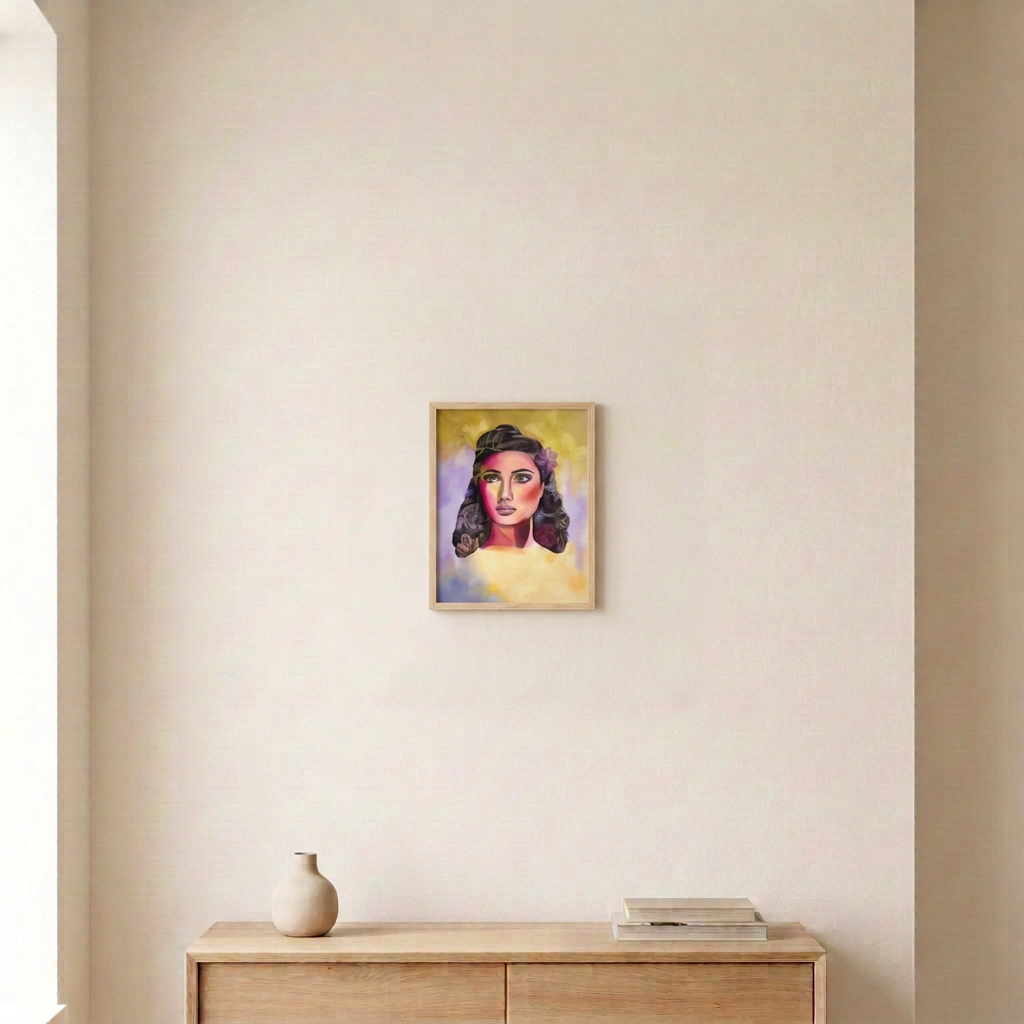 Small 8-by-10-inch print with a slim natural-wood frame in a neutral room