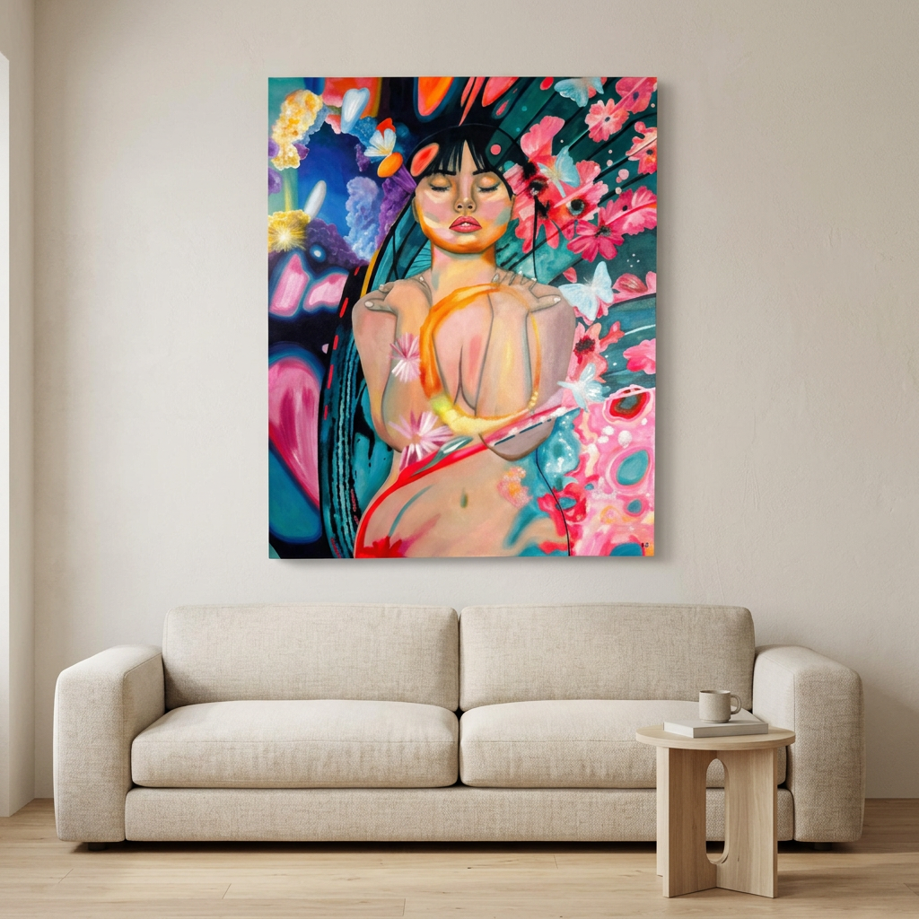 Softly Blooming in a neutral living room, without text or a border