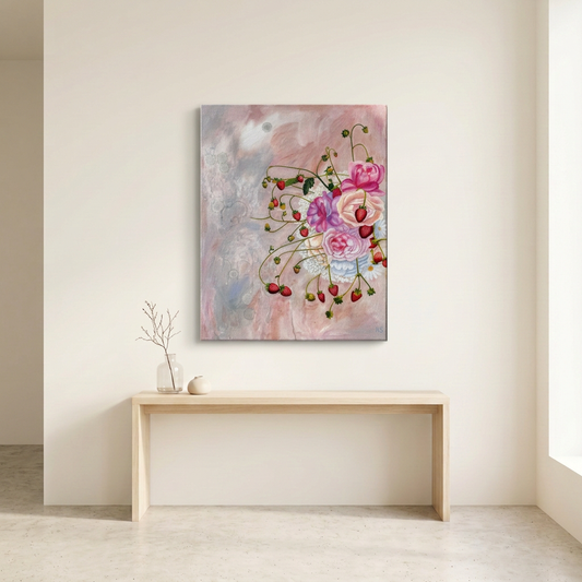 Strawberry Rosé room mockup with a smaller 16 × 20-inch canvas