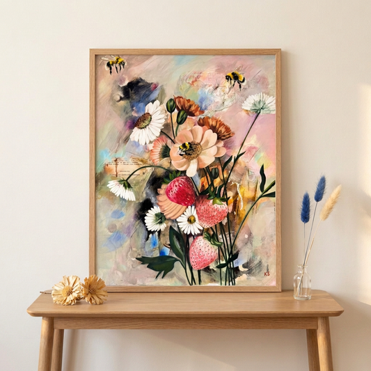 Summer Harvest Print mockup. A painting of flowers, strawberries and bees