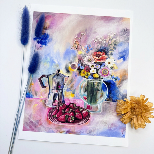 Sweet Morning Ritual Print on a white background with dried flowers retained