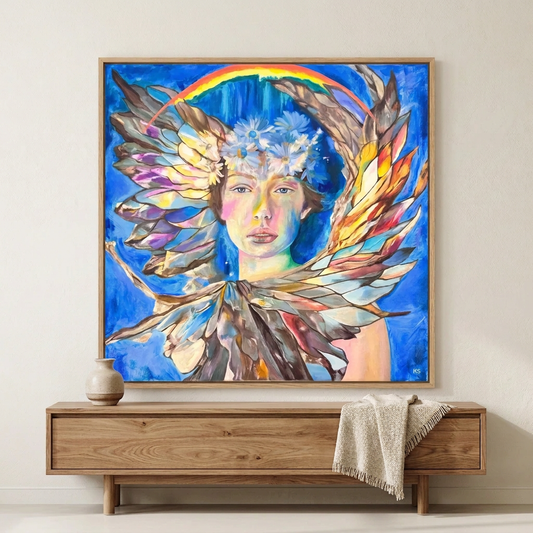 The Guardian mockup framed painting on a console table