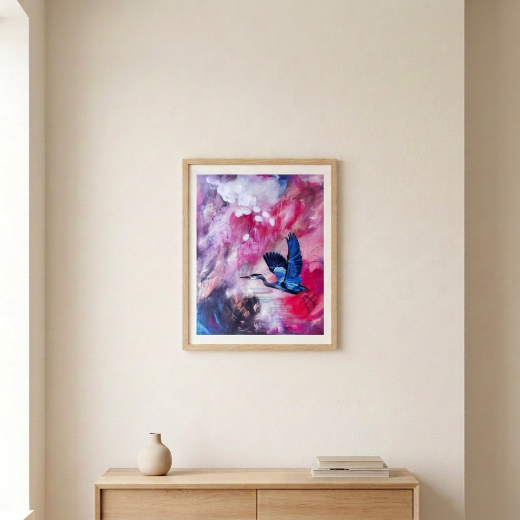 Wild Wisdom Print in a small light-wood frame in a neutral room